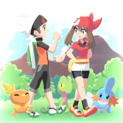  1boy 1girl arms_behind_back bag bandana bike_shorts black_headband brendan_(pokemon) brown_hair fanny_pack foliage grass green_bag grey_eyes headband highres jacket john_su looking_at_another may_(pokemon) miniskirt mountain mudkip multicolored_shoes open_mouth orange_jacket outdoors pokemon pokemon_(creature) pokemon_omega_ruby_and_alpha_sapphire pokemon_ruby/sapphire/emerald red_bandana red_shirt shirt shoes short_sleeves shoulder_bag sidelocks skirt smile standing talking torchic treecko two-tone_shoes walking white_shoes white_skirt 