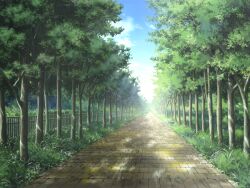  blue_sky brick_floor bush clouds dappled_sunlight day divine_heart_makina fence forest game_asset grass light_rays nature no_humans non-web_source official_art outdoors path pavement plant road scenery self-datamine shade shadow sky sunlight tree tree_shade vanishing_point visual_novel_cg 
