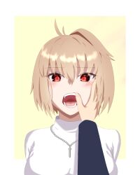  1boy 1girl antenna_hair arcueid_brunestud blonde_hair blue_jacket blush breasts commentary_request confused fang finger_in_another's_mouth gakuran hand_in_another's_mouth hand_on_another's_face highres jacket jewelry large_breasts looking_at_viewer mouth_focus mouth_pull necklace open_mouth pov pov_hands red_eyes school_uniform short_hair sidelocks single_hair_intake slit_pupils souya_high_school_uniform sweater taketsuki_217 tohno_shiki tsukihime tsukihime_(remake) turtleneck turtleneck_sweater upper_body vampire white_sweater 