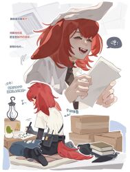  1girl 1other alternate_costume arknights arrow_(symbol) black_boots black_gloves black_necktie blue_pants book boots box cactus cardboard_box chinese_commentary chinese_text closed_eyes collared_shirt commentary_request crownslayer_(arknights) denim drawing_(action) fangs gloves happy headpat highres hyena_ears hyena_girl hyena_tail jeans lantern long_sleeves multiple_views musical_note necktie open_mouth pants paper plant potted_plant red_hair shirt shoe_soles short_hair simple_background sitting smile torn_clothes torn_pants translation_request white_background white_shirt yi_tai_meiyou_xianshi_ping_de_zhuji 