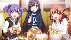  3girls anekouji_naoko anekouji_naoko_to_giniro_no_shinigami black_hair black_jacket blue_eyes blue_jacket blue_skirt bottle brown_hair buttons cake chair chopsticks couch cup denim denim_jacket drinking_glass food fork game_asset green_eyes green_shirt grey_thighhighs hair_ornament highres holding holding_bottle holding_chopsticks holding_fork holding_plate indoors jacket jewelry letterman_jacket long_hair looking_at_viewer messy_hair mikoshi_matsuri multicolored_jacket multiple_girls necklace non-web_source on_couch one_eye_closed open_clothes open_jacket open_mouth picture_frame pillow plaid_clothes plaid_skirt plastic_bottle plate purple_hair roast_beef salad seiza self-datamine sheep_hair_ornament shelf shirt short_hair sitting skirt table television thigh-highs tominaga_hitsuji tsubaki_peko turtleneck utensil_in_mouth very_long_hair white_jacket white_shirt yellow_eyes yellow_skirt 