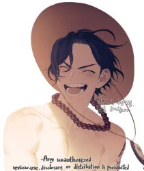  1boy ^_^ black_hair closed_eyes commentary_request deogbab hat jewelry korean_commentary male_focus necklace one_piece open_mouth orange_hat pearl_necklace portgas_d._ace short_hair simple_background smile solo topless_male 