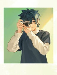  1boy absurdres black_hair camera chengqiangposhang chinese_commentary closed_mouth commentary_request false_memory false_memory_(2020) glasses highres holding holding_camera long_sleeves looking_at_viewer male_focus nanzhu_(false_memory) polaroid_photo semi-rimless_eyewear shirt smile solo under-rim_eyewear white_shirt 