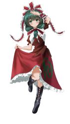  1girl black_boots blush boots bow closed_mouth commentary dress frilled_bow frilled_dress frilled_ribbon frills green_eyes green_hair hair_bow highres holding_own_dress kagiyama_hina knee_boots leg_up long_hair looking_at_viewer nabezoko_(nicovideo128130479) puffy_short_sleeves puffy_sleeves red_bow red_dress red_ribbon ribbon short_sleeves smile solo touhou wrist_ribbon 
