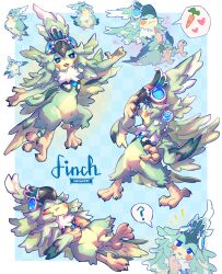  1girl ? absurdres androgynous animal beak bird bird_girl black_eyes blue_background blue_pupils border carrot character_name colored_skin fewer_digits finch_(xenoblade) goggles goggles_on_head green_skin heart highres lunwere multiple_views spoken_food spoken_question_mark talons twitter_username white_border xenoblade_chronicles_(series) xenoblade_chronicles_2 