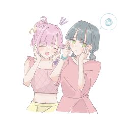  2girls :d anyoji_hime black_hair blush crop_top cropped_shirt dress green_eyes hair_bun highres love_live! love_live!_hasu_no_sora_jogakuin_school_idol_club love_live!_sauna low_twintails midriff mihasu_ll momose_ginko multiple_girls navel open_mouth pink_dress pink_hair pink_shirt shirt short_hair short_sleeves short_twintails simple_background single_hair_bun skirt sleeveless sleeveless_shirt smile spoken_squiggle squiggle twintails virtual_youtuber white_background yellow_skirt 