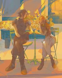  1boy 1girl absurdres aerith_gainsborough armor baggy_pants black_gloves black_hair boots brown_hair chair choker closed_mouth commentary couple crisis_core:_final_fantasy_vii crossed_legs dress drill_hair drill_sidelocks elbow_rest final_fantasy final_fantasy_vii final_fantasy_vii_remake flower full_body gloves hair_ribbon hetero highres jacket long_hair looking_at_another on_chair open_clothes open_jacket pants pink_dress pink_ribbon red_jacket ribbon rong-something short_hair short_sleeves shoulder_armor sidelocks sitting sleeveless sleeveless_turtleneck smile suspenders sweater turtleneck turtleneck_sweater zack_fair 