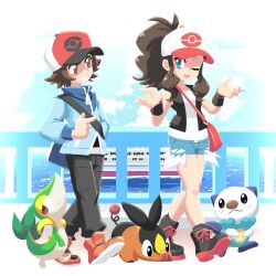  1boy 1girl bag baseball_cap black_pants black_shoes black_vest blue_eyes blue_jacket blue_shorts brown_eyes brown_hair cruise_ship finger_gun grin hand_in_pocket hat highres hilbert_(pokemon) hilda_(pokemon) jacket john_su looking_at_another one_eye_closed oshawott outdoors pants pokemon pokemon_(creature) pokemon_black_and_white ponytail railing red_shoes shirt shoes short_hair short_shorts shorts shoulder_bag shrugging smile snivy standing talking tepig vest walking white_shirt 
