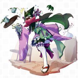  animal_hands applecandy_prpr black_fur body_fur bow claws clothed_pokemon commentary_request detached_sleeves dress fangs full_body furry green_bow green_fur green_hair highres holding holding_tray looking_at_object maid_headdress meowscarada open_mouth other_focus pawpads pink_eyes pokemon pokemon_(creature) purple_dress purple_ribbon ribbon sandals short_hair simple_background solo standing surprised thigh-highs tray tripping two-tone_fur white_background white_thighhighs wide_sleeves 