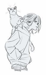  1boy androgynous animal animal_on_shoulder cat cat_on_shoulder closed_mouth commentary from_side haikyuu!! hair_up hand_in_pocket highres hood hood_down hoodie kozume_kenma long_sleeves looking_back male_focus profile sideways_glance simple_background solo tamoto_(loretta) untranslatable_commentary white_background 