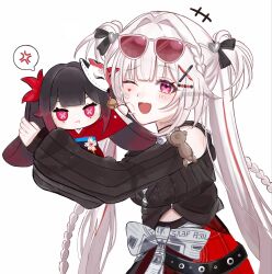  1girl :d ;d anger_vein b21938gang bare_shoulders black_shirt braid character_doll commentary_request doll eyewear_on_head facial_mark hair_ornament heart heart_facial_mark highres holding holding_doll honkai:_star_rail honkai_(series) long_hair multicolored_hair notice_lines official_alternate_costume official_alternate_hairstyle one_eye_closed red_streaks shirt simple_background sleeves_past_wrists smile solo sparkle_(doll)_(honkai:_star_rail) sparkle_(honkai:_star_rail) sparxie_(candy-coated_waves)_(honkai:_star_rail) sparxie_(honkai:_star_rail) speech_bubble spoken_anger_vein standing streaked_hair sunglasses twintails twitter_username two_side_up very_long_hair white_background white_hair x_hair_ornament 