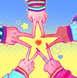  2boys 3girls alien_stage bisexual_flag blue_background bracelet commentary dark_skin english_commentary fingernails gay_male_pride_flag highres hyuna_(alien_stage) ice.breadd index_ring ivan_(alien_stage) jewelry lesbian_flag lgbt_pride long_fingernails mizi_(alien_stage) multiple_boys multiple_girls multiple_rings orange_nails pink_nails ring star_(symbol) sua_(alien_stage) till_(alien_stage) v yellow_background 