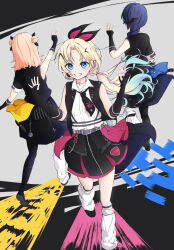  3girls absurdres aoiao black_jacket black_necktie black_pantyhose black_shoes black_skirt blonde_hair blue_eyes blue_hair braid braided_ponytail collarbone collared_shirt commentary_request curtained_hair double_bun full_body gradient_hair grin hair_bun hair_over_shoulder hasu_no_sanrenka highres hinoshita_kaho i_do_me!_(love_live!) jacket long_hair looking_at_viewer loose_socks love_live! love_live!_hasu_no_sora_jogakuin_school_idol_club low_twintails medium_hair miniskirt multicolored_hair multiple_girls murano_sayaka necktie open_clothes open_jacket orange_hair osawa_rurino pantyhose parted_bangs pleated_skirt shirt shoes single_braid single_leg_pantyhose single_sleeve skirt sleeveless sleeveless_jacket smile socks twintails v-shaped_eyebrows virtual_youtuber walking walking_towards_viewer white_shirt white_socks 