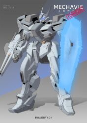  artist_name beam_rifle beam_shield blue_assault_visor cable commentary_request energy_barrier energy_gun energy_shield gaia_gear gundam harryych highres man_machine mecha mecha_focus militair mixed-language_text no_humans original robot science_fiction weapon 