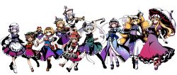  >_< 6+girls absurdres alice_margatroid animal_ear_fluff animal_ear_piercing animal_ears animal_hat apron arm_across_neck arm_up black_bow black_bowtie black_hairband black_hat black_shoes black_skirt black_vest blonde_hair blue_dress blue_eyes blue_hair blue_hat blue_kimono blue_ribbon blue_tabard book boots bow bow_(music) bowtie breasts brown_boots brown_eyes brown_hair brown_shoes capelet cat_ears cat_tail chen choker closed_eyes closed_mouth collared_shirt commentary_request crescent crescent_hat_ornament doll dress earrings elbow_gloves facing_viewer fang fighting_stance fox_tail frilled_apron frilled_dress frilled_hairband frilled_hat frilled_kimono frilled_skirt frills frown full_body gloves gradient_clothes gradient_dress gradient_skirt green_hat green_skirt green_vest grey_hair grimoire grimoire_of_alice hair_bow hairband hand_on_hilt hands_in_opposite_sleeves hat hat_ornament hat_ribbon highres hitodama holding holding_above_head holding_book holding_bow_(music) holding_instrument holding_sword holding_trumpet holding_umbrella holding_violin holding_weapon hoop_earrings instrument japanese_clothes jewelry juliet_sleeves katana keyboard_(instrument) kimono kitsune kneehighs konpaku_youmu konpaku_youmu_(ghost) lace-up_boots lapel_pin letty_whiterock limone_illust loafers long_hair long_sleeves looking_at_viewer lunasa_prismriver lyrica_prismriver mary_janes medium_breasts medium_hair merlin_prismriver mob_cap multiple_girls multiple_swords multiple_tails neck_ribbon nekomata open_mouth overhead_swing parasol perfect_cherry_blossom pink_dress pink_eyes pink_hair pink_sash pink_skirt pink_vest playing_instrument puffy_short_sleeves puffy_sleeves purple_dress purple_shoes purple_skirt purple_tabard purple_vest red_bow red_eyes red_hairband red_hat red_ribbon red_shoes red_skirt red_vest ribbon ribbon_choker saigyouji_yuyuko sash scarf serious shanghai_doll sheath sheathed shirt shoes short_hair short_sleeves simple_background single_earring skin_fang skirt skirt_set sleeve_bow sleeve_garter small_breasts smile socks sword sword_on_back tabard tail touhou triangular_headpiece trumpet two_tails umbrella unsheathed very_long_hair vest violet_eyes violin waist_apron waist_sash weapon weapon_on_back weapon_strap white_background white_boots white_capelet white_dress white_gloves white_hat white_scarf white_shirt white_socks white_umbrella wide_sleeves yakumo_ran yakumo_yukari yellow_bow yellow_bowtie yellow_eyes 