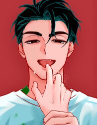  2boys alien_stage black_eyes black_hair commentary highres holding_another's_wrist ivan_(alien_stage) kasa_kskm male_focus multiple_boys open_mouth pov pov_hands red_background red_pupils shirt short_hair signature solo_focus thick_eyebrows till_(alien_stage) tongue tongue_out very_short_hair white_shirt 
