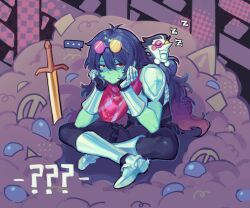  ... 1boy 1other ? ?? alternate_hair_length_(longer) androgynous armor black_bodysuit black_hair blue_hair blue_skin bodysuit circle_facial_mark closed_mouth colored_skin crossed_legs cyber_world_(deltarune) dealmaker_(deltarune) deltarune expressionless facial_mark gauntlets greaves hands_on_own_chin heterochromatic_eyewear highres kris_(dark_world)_(deltarune) kris_(deltarune) long_hair multicolored_hair no_ears official_alternate_eyewear open_mouth outdoors pile_of_trash pink-tinted_eyewear pipis_(deltarune) planted planted_sword plate_armor pointy_nose red_eyes short_hair short_sleeves shoulder_armor sitting sleeping spamton_g._spamton sweat sweatdrop sword teeth tinted_eyewear trash user_mnek7233 utdr_(toby_fox) weapon yellow-tinted_eyewear zzz 