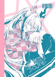  1boy absurdres alternate_costume arknights arm_on_thigh barcode bishounen checkered_clothes checkered_shirt chinese_commentary colored_lineart commentary_request dragon_boy dragon_horns earrings eastern_dragon_horns fan_mu_zhang feet_out_of_frame from_above gradient_hair highres holding holding_paper_airplane horns invisible_floor jewelry knee_up limited_palette long_hair long_sidelocks looking_at_viewer looking_up loose_necktie male_focus multicolored_hair necktie paper_airplane pointy_ears ponytail shirt sidelocks solo yi_(arknights) 