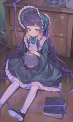  1girl absurdres black_bonnet black_dress black_shoes blue_ribbon blunt_bangs blush bonnet breasts chest_of_drawers commentary_request contrast_collar cookie_jar dress frilled_bonnet frilled_dress frilled_shirt_collar frills frown full_body gradient_hair highres hololive hololive_english jar kiwwwwwi lolita_fashion long_hair long_sleeves looking_at_viewer mole mole_under_eye multicolored_hair neck_ribbon ninomae_ina'nis orange_hair pantyhose patting purple_hair ribbon shoes sidelocks sitting solo takodachi_(ninomae_ina'nis) tentacle_hair very_long_hair violet_eyes virtual_youtuber white_pantyhose wide_sleeves 