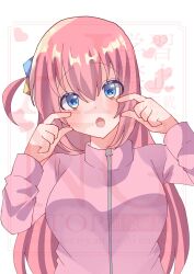  1girl :o absurdres ahoge blue_eyes bocchi_the_rock! breasts commentary_request cube_hair_ornament english_text gotoh_hitori hair_ornament hands_up heart highres jacket kurosak34412413 large_breasts long_hair looking_at_viewer open_mouth pink_hair pink_jacket side_ahoge solo upper_body white_background zipper 