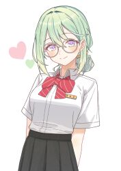  1girl absurdres arms_at_sides black_skirt blush bow bowtie closed_mouth collared_shirt commentary_request cowboy_shot daltokki34 diagonal-striped_bow diagonal-striped_bowtie diagonal-striped_clothes earrings glasses green_eyes green_hair hair_bun heart highres jewelry korean_commentary korean_text multicolored_eyes name_tag pink_pupils pleated_skirt red_bow red_bowtie round_eyewear school_uniform shirt shirt_tucked_in short_sleeves simple_background single_hair_bun skirt smile solo standing stellive striped_bow striped_bowtie striped_clothes stud_earrings two-tone_eyes violet_eyes virtual_youtuber white-framed_eyewear white_background white_shirt yuzuha_riko 
