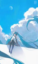  1girl absurdly_long_hair absurdres aqua_eyes aqua_hair aqua_necktie aqua_skirt artist_name black_boots boots clouds collared_shirt cumulonimbus_cloud detached_sleeves double-parted_bangs floating_hair hair_between_eyes hair_ornament hatsune_miku highres long_hair moon necktie shirt sin_090 sitting skirt sky sleeveless sleeveless_shirt solo sparkle thigh_boots twintails twitter_username very_long_hair vocaloid watermark white_shirt 