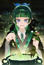  1girl alchemy beads black_cat blue_eyes blue_ribbon cat cauldron collared_shirt colored_smoke commentary freckles green_hair hair_beads hair_ornament harry_potter_(series) highres hogwarts_school_uniform holding holding_wand kusuriya_no_hitorigoto long_sleeves mandrake maomao_(kusuriya_no_hitorigoto) necktie open_mouth requiem_(requiem_art) ribbon school_uniform shirt smoke sparkle sparkling_eyes straight-on striped_clothes striped_necktie wand wizarding_world 
