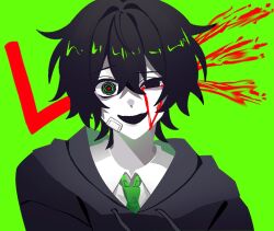  1boy bandage_on_cheek black_hair black_mouth collared_shirt degrees_of_lewdity double-parted_bangs drawstring green_background green_eyes green_necktie hair_intakes hood hoodie kylar_(degrees_of_lewdity) kylar_(male)_(degrees_of_lewdity) looking_at_viewer male_focus necktie no_lineart portrait red_pupils ringed_eyes saturated_background shirt short_hair simple_background solo white_shirt xiun_derella 