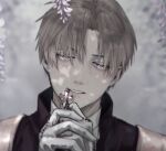  1boy absurdres bangs blurry brown_hair cross depth_of_field eyelashes flower gloves grey_background grey_hair half-closed_eyes heshikiri_hasebe highres holding interlocked_fingers light_particles looking_afar male_focus nature own_hands_together parted_bangs parted_lips portrait praying r_a_y0 rosary short_hair solo touken_ranbu violet_eyes white_gloves wisteria 