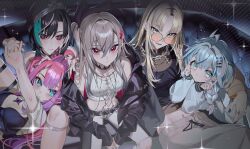  5girls absurdres ahoge aqua_eyes aqua_hair aqua_streaks arm_around_shoulder asymmetrical_hair beret black_bra black_choker black_hair black_hat black_jacket black_nails black_pants black_streaks black_tank_top blonde_hair blue_eyes blue_hair blush bra bra_over_clothes braid braided_sidelocks breasts center-flap_bangs chain chain_necklace checkered_hat choker closed_mouth clothing_cutout commentary couch crown_hair_ornament ear_piercing english_commentary expressionless feet_out_of_frame flow_glow_(hololive) grey_hair grey_pants hair_between_eyes hair_intakes hair_ornament hairclip hands_on_own_face hat head_rest highres hololive hololive_dev_is isaki_riona isaki_riona_(1st_costume) jacket jewelry kikirara_vivi kikirara_vivi_(1st_costume) koganei_niko koganei_niko_(1st_costume) lightning_ahoge long_hair looking_at_viewer looking_over_eyewear medium_breasts medium_hair midriff mizumiya_su mizumiya_su_(1st_costume) multicolored_hair multiple_girls multiple_rings nail_polish navel necklace off_shoulder one_side_up open_clothes open_jacket own_hands_together panda_0035 pants parted_bangs parted_lips piercing pink-tinted_eyewear pink_hair pinky_ring purple_hair purple_streaks rabbit_bow red_eyes rindo_chihaya rindo_chihaya_(1st_costume) ring round_eyewear see-through_clothes see-through_shirt shirt short_hair shoulder_cutout sidelocks sitting smile sparkle spiked_ear_piercing spiked_hat streaked_hair sunglasses tank_top thigh_strap tinted_eyewear two-sided_fabric two-sided_jacket two-tone_pants underwear virtual_youtuber white_hair white_jacket white_pants white_streaks white_tank_top x_hair_ornament 