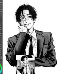  1boy art_program_in_frame closed_mouth comic_panel_inset cropped_torso dress_shirt earrings elbow_rest facing_viewer gokurakugai greyscale hand_on_own_cheek hand_on_own_face highres jewelry looking_to_the_side male_focus monochrome necktie reference_inset scar scar_on_face shirt short_hair simple_background solo straight-on teeth th3kph0enix white_background yatora_(gokurakugai) 
