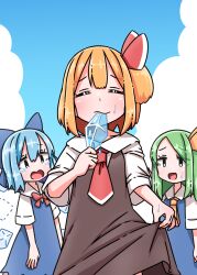  3girls ascot black_dress blonde_hair blue_bow blue_dress blue_eyes blue_hair blue_sky bow cirno closed_eyes clouds collared_shirt commentary_request daiyousei day detached_wings dress eating green_hair hair_bow highres holding_own_dress ice ice_wings multiple_girls necktie open_mouth pinafore_dress red_bow red_necktie roco_(katsuya1011) rumia shirt sky sleeveless sleeveless_dress smile sweat tearing_up textless_version touhou white_shirt wings yellow_ascot 