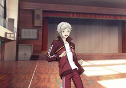  1boy :d asymmetrical_hair bungou_stray_dogs game_asset grey_hair highres indoors jacket long_sleeves looking_at_viewer male_focus multicolored_eyes multicolored_hair nakajima_atsushi_(bungou_stray_dogs) official_art open_clothes open_jacket open_mouth pants red_jacket red_pants school_gym shirt short_hair single_sidelock smile solo stairs third-party_source track_jacket track_pants track_suit two-tone_eyes violet_eyes white_shirt yellow_eyes 