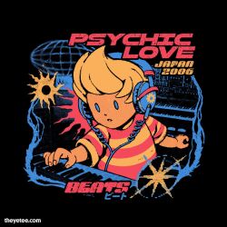  1boy 2006 :o artist_request black_background blonde_hair blue_eyes english_text headphones highres instrument keyboard_(instrument) lucas_(mother_3) mother_(series) mother_3 piano print_(medium) quiff shirt solo striped_clothes striped_shirt 