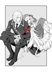  1boy 1girl armband claudia_jerusalem dies_irae_~interview_with_kaziklu_bey~ dress full_body gloves greyscale hat highres leaning_back leaning_on_person long_hair military_uniform monochrome necktie red_armband red_eyes shimen_soka shinza_bansho_series side-by-side sitting smile spot_color very_long_hair wilhelm_ehrenburg 