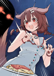  1girl 1other :d animal_collar animal_ears arms_up blue_background bone_hair_ornament braid breasts brown_eyes brown_hair brown_tail collar commentary_request darkness dog_ears dog_tail double-parted_bangs dress emphasis_lines fangs food glowing glowing_eyes gradient_background hair_ornament hairclip highres hololive inugami_korone inugami_korone_(1st_costume) kurousagi_(black_rabbit563) large_breasts looking_at_another low_twin_braids pasta plate raised_inner_eyebrows red_collar red_eyes sauce scared shadow sleeveless sleeveless_dress smile spaghetti stiff_tail surprised tail tail_raised twin_braids virtual_youtuber white_dress 