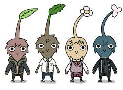  1girl 3boys akamatsu_kaede backpack bag bare_arms black_eyes black_jacket black_pants blazer blonde_hair blue_hair blue_shoes breast_pocket brown_hair brown_shoes buttons collared_jacket collared_shirt commentary_request crest danganronpa:_trigger_happy_havoc danganronpa_(series) danganronpa_2:_goodbye_despair danganronpa_v3:_killing_harmony double-breasted eyelashes flat_color flower gakuran green_jacket green_necktie hair_between_eyes hair_ornament hairclip hinata_hajime hood hood_down hooded_jacket jacket kmnm_1403 lapel_pin lapels layered_sleeves leaf long_sleeves miniskirt multiple_boys musical_note musical_note_hair_ornament naegi_makoto necktie no_mouth notched_lapels open_clothes open_jacket orange_necktie over-kneehighs pants pikmin_(creature) pikmin_(series) pink_flower pink_vest pinstripe_jacket pinstripe_pants pinstripe_pattern pleated_skirt pocket pointy_nose purple_skirt purple_socks red_shoes saihara_shuichi school_uniform shadow shirt shoes short_hair short_sleeves simple_background skirt sneakers socks spiky_hair straight-on sweatdrop thigh-highs v-neck vest white_background white_bag white_flower white_shirt white_shoes white_socks zipper zipper_pull_tab 