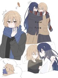  +++ 2ammuon 2girls :t ^^^ black_shirt blonde_hair blue_hair blue_scarf brown_coat brown_eyes coat commentary dog fang fish grey_coat grey_scarf highres hug long_hair multiple_girls oumi_shiori pillow plaid_clothes plaid_scarf scarf shirt short_hair skin_fang skirt sleeping untranslatable_commentary watashi_wo_tabetai_hitodenashi yaotose_hinako yuri zzz 