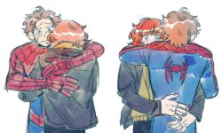  1boy 1girl absurdres animal_print arm_around_another's_back arm_around_another's_waist arm_around_shoulder bodysuit brown_hair cowboy_shot crying crying_with_eyes_open furrowed_brow highres hood hoodie hug jacket jangamza jean_grey marvel multicolored_bodysuit multiple_views orange_hair pants peter_parker spider-man spider-man:_brand_new_day spider-man_(series) spider_print spider_web_print tears two-tone_bodysuit white_background 