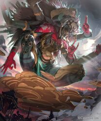  1girl \n/ all-feeling_divine armlet black_hair colored_skin commentary_request company_name copyright_notice cygames emaciated extra_arms giant giantess gold_armlet grey_skin hand_tattoo highres horns jewelry long_hair money_gesture monster monster_focus monster_girl official_art on_cloud open_mouth red_eyes salute shadowverse solo squatting tattoo two-finger_salute xui_ton 