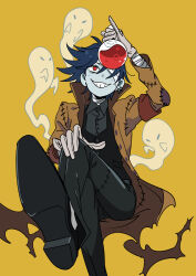 1boy bandaged_head bandages bemani black_pants black_shirt blue_skin brown_coat coat colored_skin commentary flask grin highres holding holding_flask male_focus pants patchwork_clothes pop'n_music rem_(tsulala) round-bottom_flask shirt simple_background smile smile_(pop'n_music) solo yellow_background 