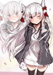  1girl amatsukaze_(kancolle) black_jacket black_thighhighs blush brown_eyes closed_mouth collarbone fang feet_out_of_frame grey_hair hair_tubes highres jacket kantai_collection long_hair long_sleeves multiple_views official_alternate_costume one_eye_closed open_mouth shirt skin_fang smile takanashi_kei_(hitsujikan) thigh-highs two_side_up white_shirt 