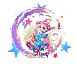 1girl american_flag american_flag_dress american_flag_print blonde_hair clownpiece commentary_request dress fairy fairy_wings flag_print full_body hat highres holding holding_torch jester_cap long_hair neck_ruff pantyhose polka_dot_headwear purple_hat short_sleeves sia_6767 solo star_(symbol) star_print striped_clothes striped_dress striped_pantyhose torch touhou very_long_hair violet_eyes wings 