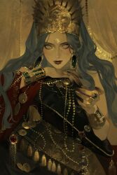  1girl absurdres arm_cuffs baichuan_baichuan beads black_eyeshadow black_nails blue_eyes blue_hair closed_mouth curtains earrings eyeshadow face_piercing facial_mark fingernails forehead_mark gem green_gem hat highres jewelry limited_palette lip_piercing lips long_hair looking_at_viewer makeup multiple_rings nail_polish piercing pillow red_lips ring rouge_(makeup) solo sultan's_game tassel upper_body very_long_hair zazie_(sultan's_game) 