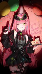  1girl absurdres balloon black_jacket black_skirt blue_eyes blurry blurry_edges bow bowtie cake cake_slice center_frills commentary confetti cowboy_shot dated english_text food frilled_shirt frills green-framed_eyewear green_eyes grey_shirt grin gun hair_intakes hair_ornament hairclip hanako_nana handgun happy_birthday hat highres holding holding_gun holding_plate holding_weapon jacket long_hair long_sleeves looking_at_viewer miniskirt multicolored_hair multiple_hairclips noah0912345 one_eye_closed open_clothes open_jacket parallel_hairclips party_hat pink_background pink_hair pink_hat plaid_bow plate pleated_skirt polka_dot polka_dot_hat red_bow red_bowtie shadow shirt skirt sleeveless sleeveless_shirt smile solo spotlight standing stellive streaked_hair sunglasses very_long_hair virtual_youtuber weapon x_hair_ornament 