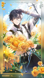  1boy aqua_ribbon arm_up bandaid bandaid_on_face black_hair black_necktie black_pants border character_name chinese_commentary commentary_request copyright_name cowboy_shot day dress_shirt dutch_angle flower highres looking_at_viewer male_focus mechanical_arms multicolored_hair necktie noan:_arca_(homecoming)_(pgr) noan_(pgr) official_alternate_costume official_art ornate_border outdoors pants parted_lips punishing:_gray_raven ribbon shading_eyes shirt shirt_tucked_in short_hair solo standing streaked_hair sunflower suspenders white_ribbon white_shirt white_streaks yellow_eyes 