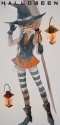  1girl black_gloves black_hat black_shoes black_vest braid broom closed_mouth collared_shirt commentary_request dark-skinned_female dark_skin full_body glasses gloves grey_background grey_hair grey_thighhighs halloween halloween_costume hands_up hat high_heels holding holding_broom lantern light_smile long_hair looking_at_viewer marian_slingeneyer miniskirt multicolored_thighhighs necktie orange_eyes orange_necktie orange_skirt pleated_skirt qniokun semi-rimless_eyewear shirt shoes simple_background skirt sleeveless sleeveless_shirt solo standing striped_clothes striped_thighhighs thigh-highs toaru_majutsu_no_index toaru_majutsu_no_index:_new_testament twin_braids two-tone_thighhighs very_long_hair vest white_shirt witch witch_hat zettai_ryouiki 
