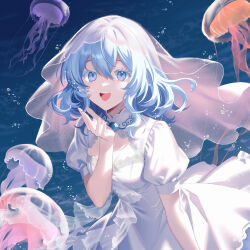  1girl :d air_bubble altalune blue_background blue_eyes blue_hair breasts bubble cleavage_cutout clothing_cutout colored_eyelashes commentary cowboy_shot double-parted_bangs dress english_commentary fingernails hair_between_eyes haiyi hand_up highres jellyfish lace-trimmed_dress lace_trim looking_at_viewer medium5 medium_hair open_mouth pink_veil puffy_short_sleeves puffy_sleeves see-through_clothes see-through_veil short_sleeves sidelocks small_breasts smile solo synthesizer_v teeth underwater upper_teeth_only veil white_dress 
