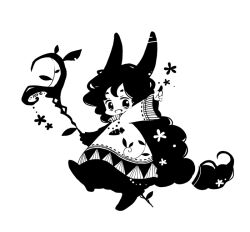  1girl absurdly_long_hair animal_ears blending carrot_necklace commentary dress flower fluffy_hair full_body greyscale hair_flower hair_ornament holding holding_staff index_finger_raised jewelry leaf long_hair looking_at_viewer low-tied_long_hair monochrome necklace open_mouth orange_lore original outstretched_arm ribbed_dress signature simple_background smile solo staff very_long_hair white_background 