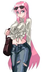  1girl absurdres bag blue_eyes bocchi_the_rock! brown_bag commentary_request denim gotoh_hitori hair_between_eyes hair_ornament hair_over_face half-closed_eyes handbag highres holding holding_bag jeans light_blush long_hair looking_at_viewer pants pink_hair shirt thick_thighs thighs totsuka_saika_(totsukasaika59) very_long_hair white_shirt wide_hips 